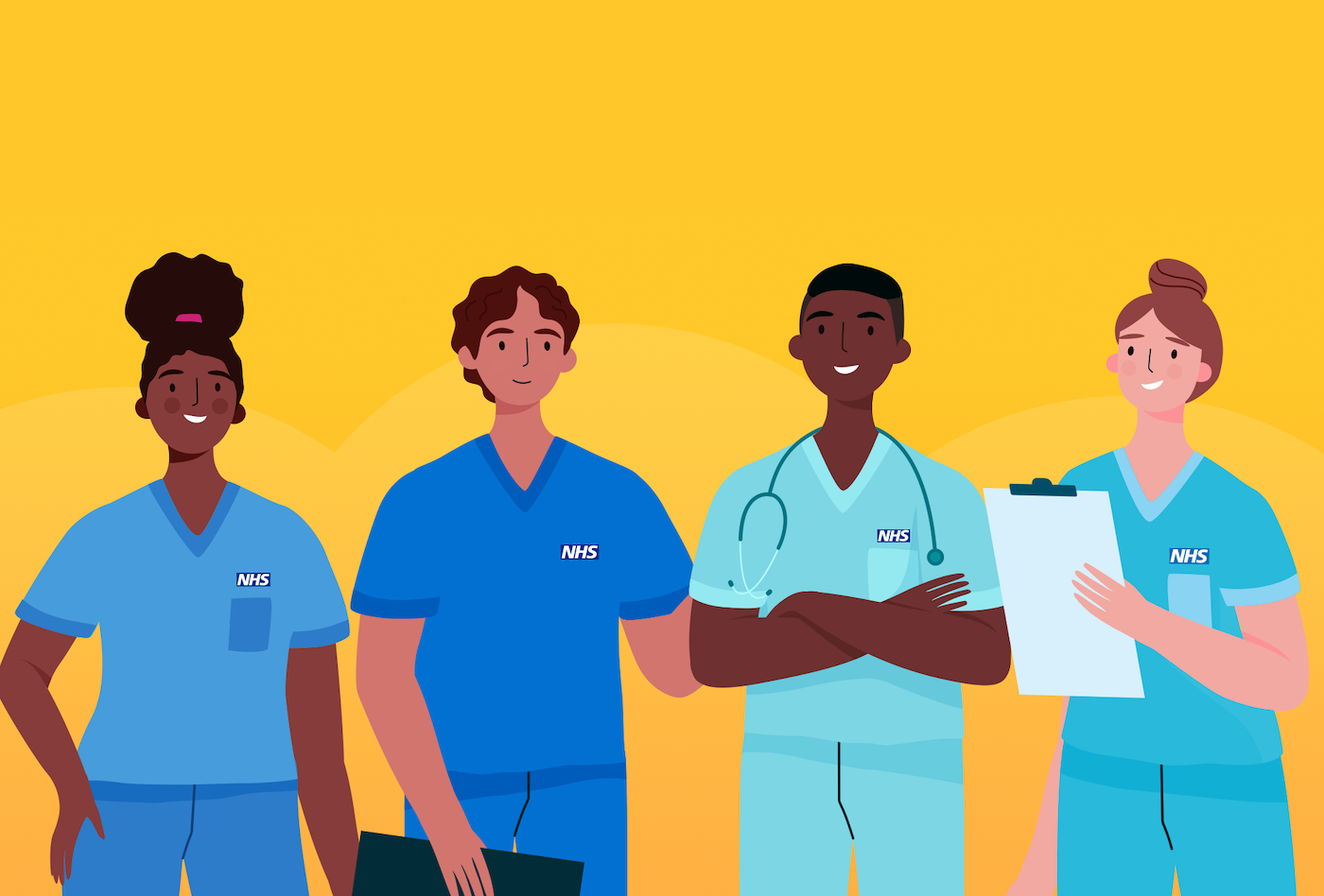 Illustration of four NHS nurses